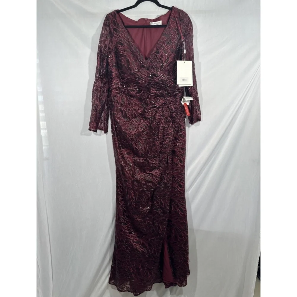 NWT $698 Mac Duggal‎ [ 16 ] Long Sleeve Ruched Sequined V Neck Gown Garnet Red